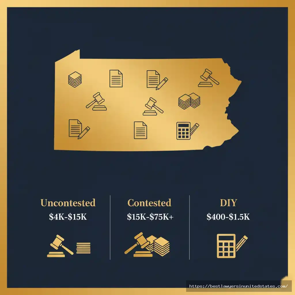 Pennsylvania divorce cost breakdown infographic showing uncontested, contested, and DIY divorce price ranges in 2025
