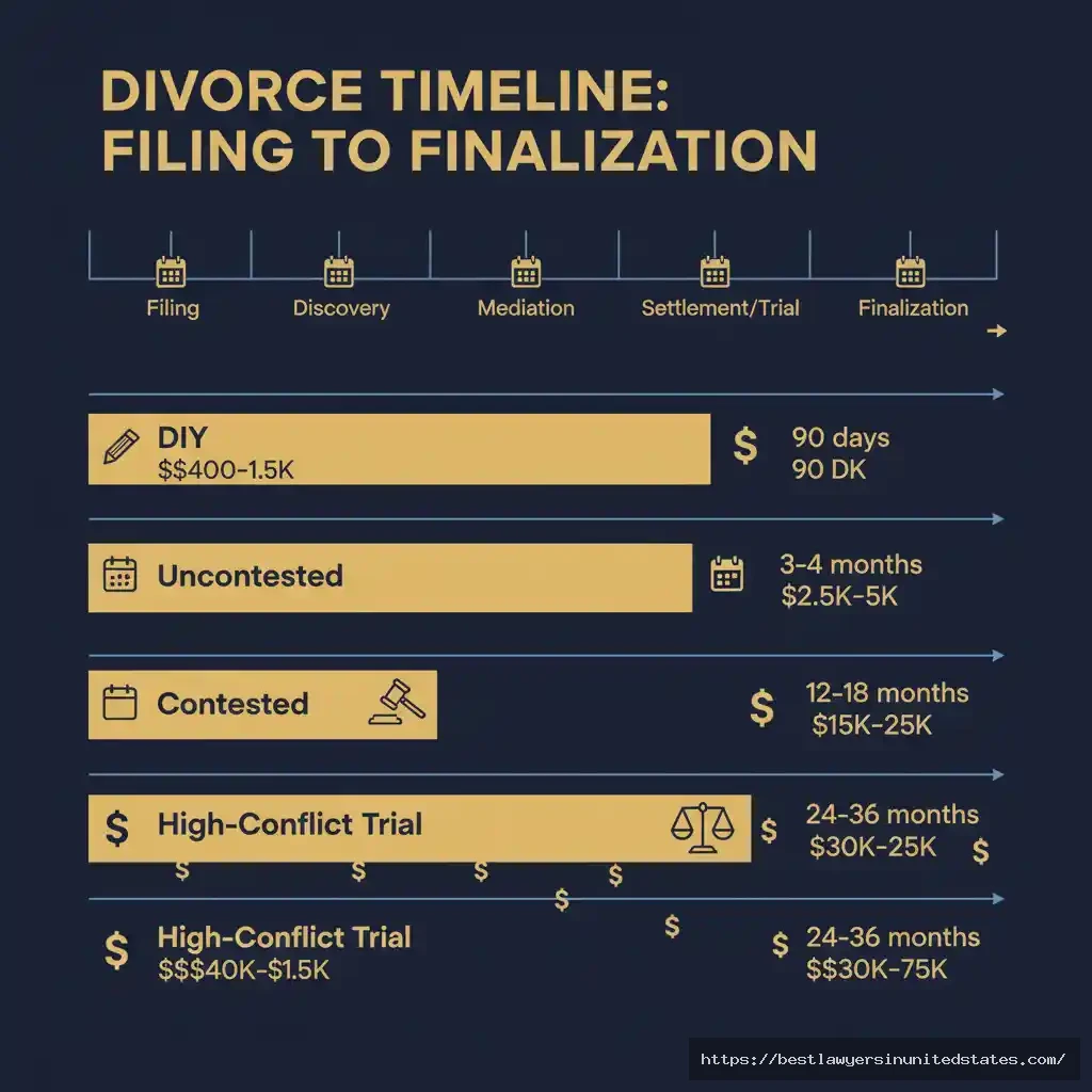 Pennsylvania divorce timeline comparison showing duration and cumulative costs for different divorce types from filing to final decree