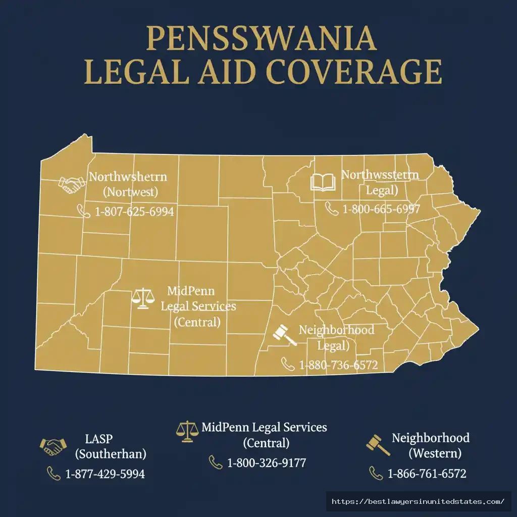 Pennsylvania legal aid organization coverage map showing free divorce assistance by region and income qualification