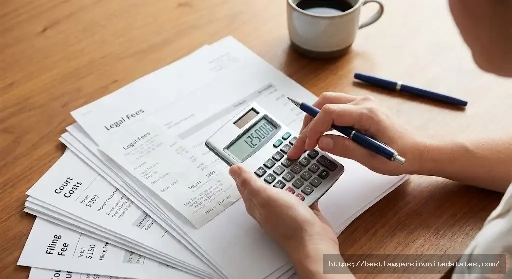 Person calculating Virginia uncontested divorce costs with documents and calculator on desk