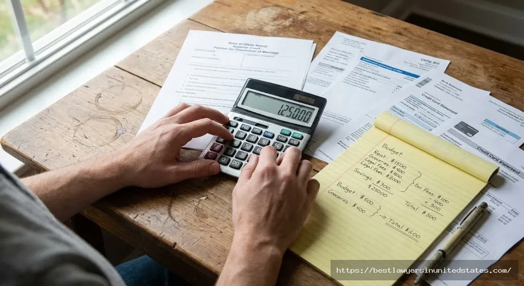 Person calculating divorce costs and budget with financial documents and calculator