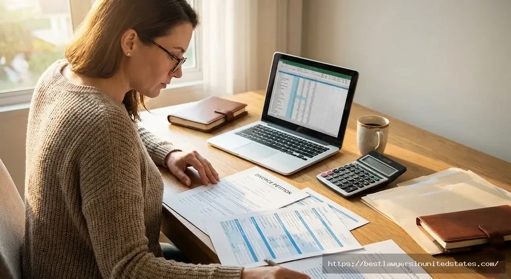 Person researching Missouri divorce costs online and reviewing legal documents at home office