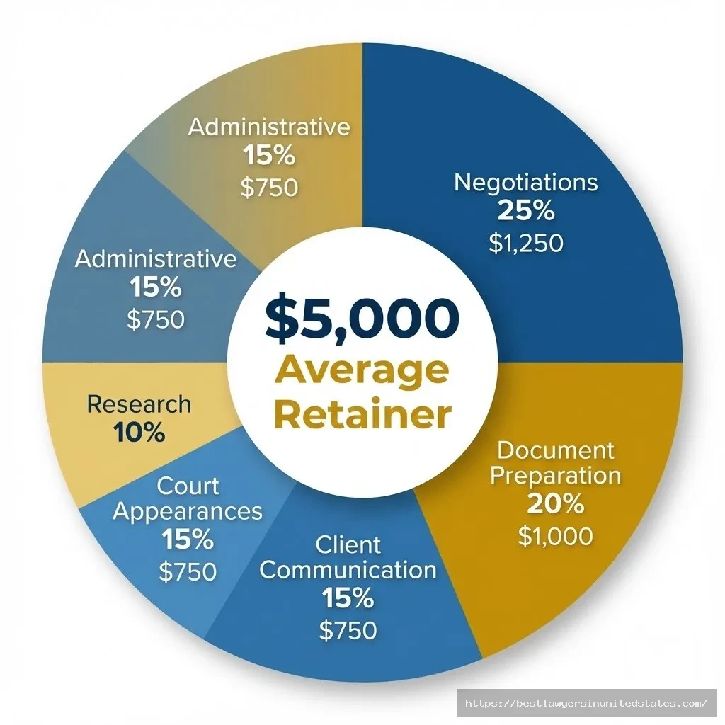 Pie chart breakdown showing how Oregon divorce attorney retainer fees are allocated across document preparation, court appearances, and negotiations