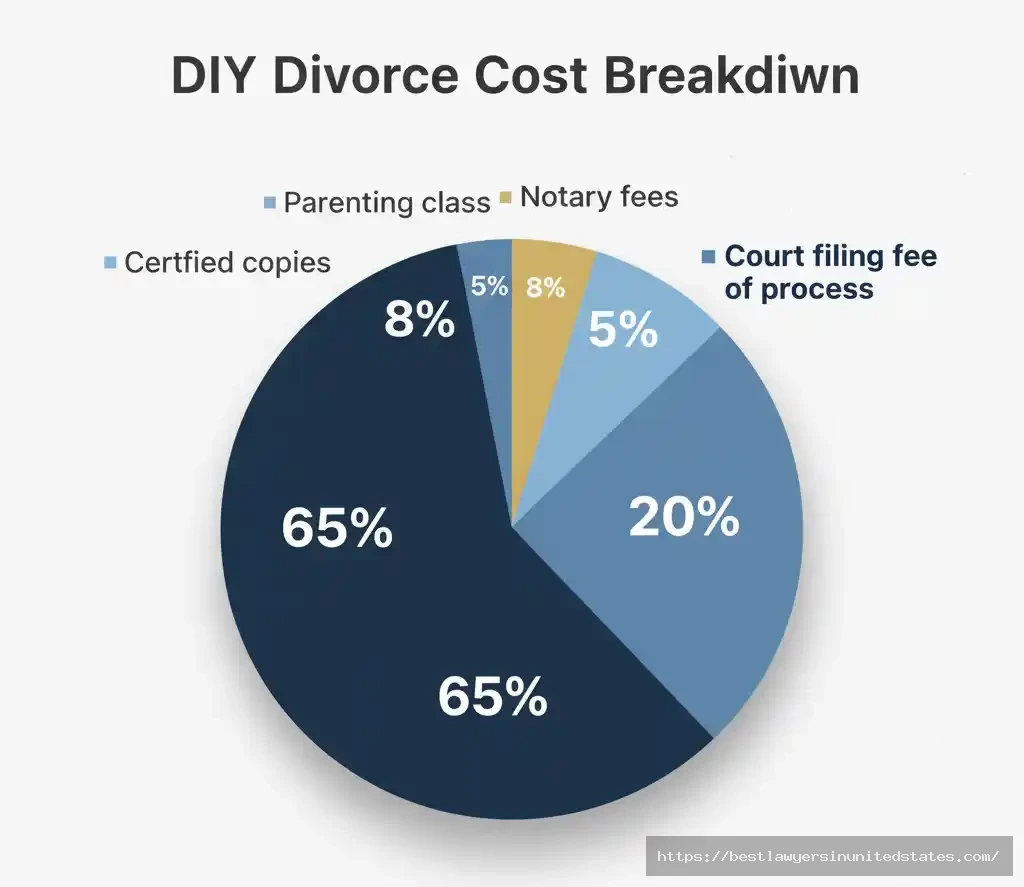 Pie chart breaking down DIY divorce costs by category including filing fees, service costs, notary fees, and certified copies