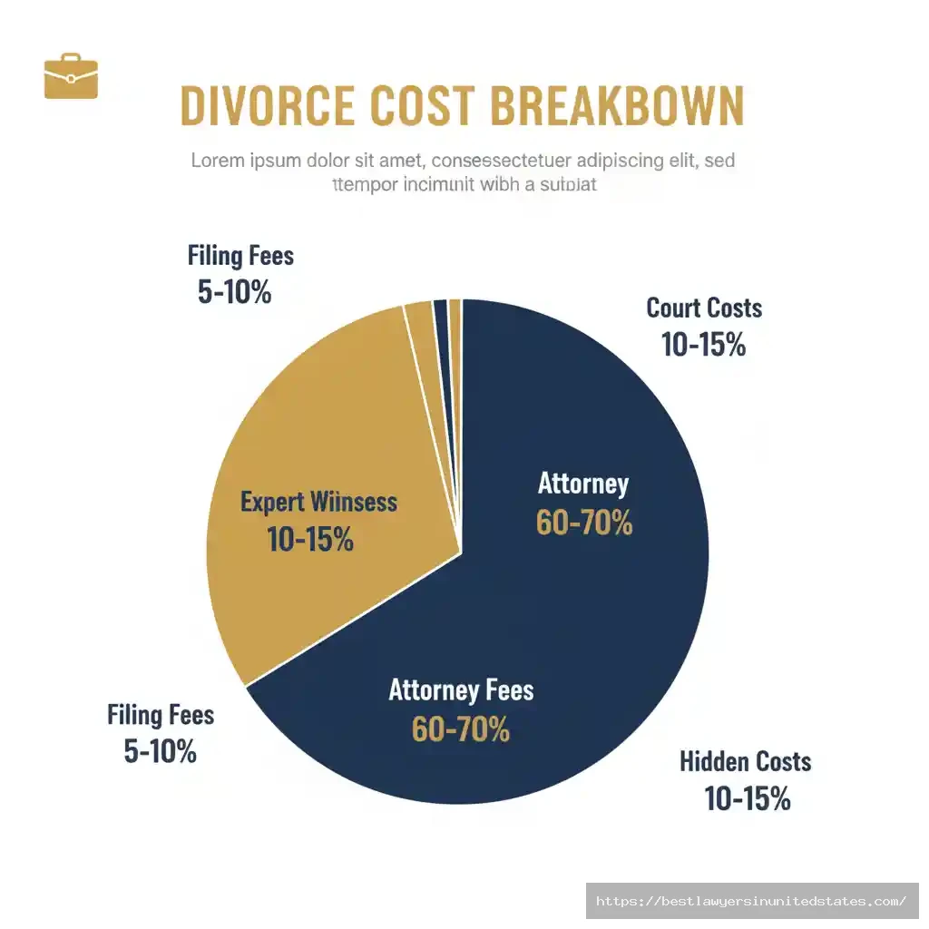 Pie chart breaking down divorce costs showing attorney fees comprise 60-70% of total expenses