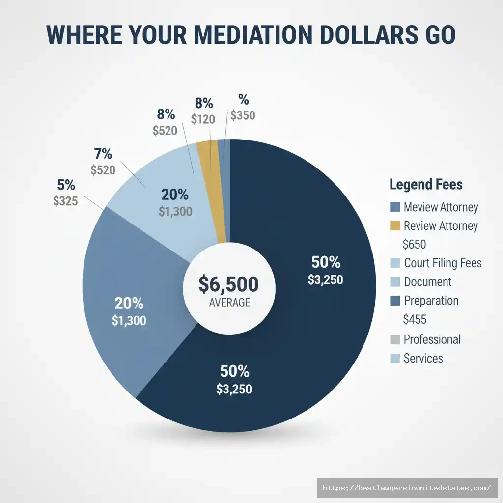Pie chart breaking down divorce mediation costs with 50% for mediator fees, 20% review attorney, and other expenses