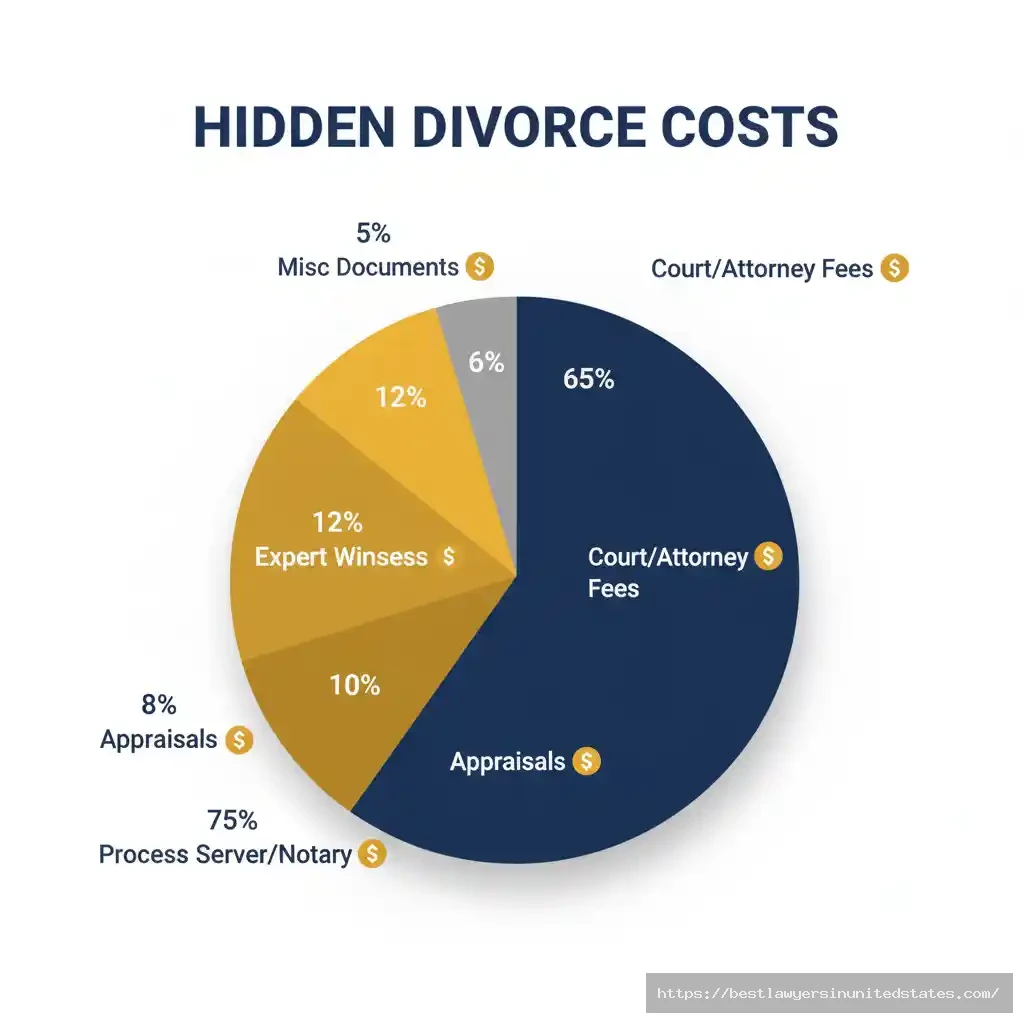 Pie chart breaking down hidden New York divorce costs including process servers, notary fees, property appraisals, and document retrieval expenses