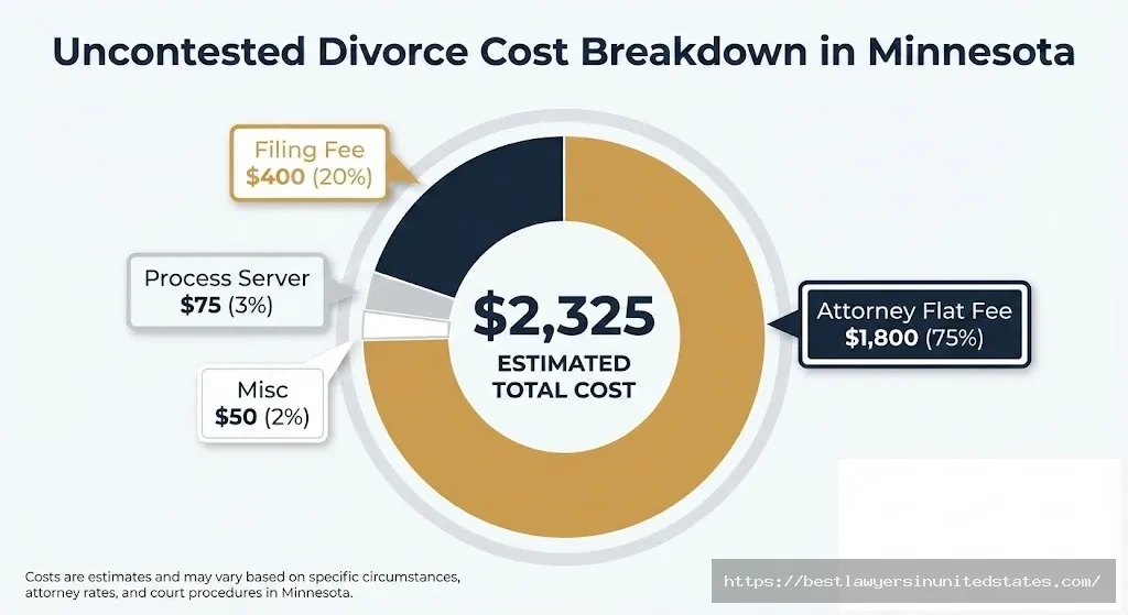 Pie chart breaking down uncontested Minnesota divorce costs including $400 filing fee, $1,800 attorney fees, and $75 service costs totaling $2,325