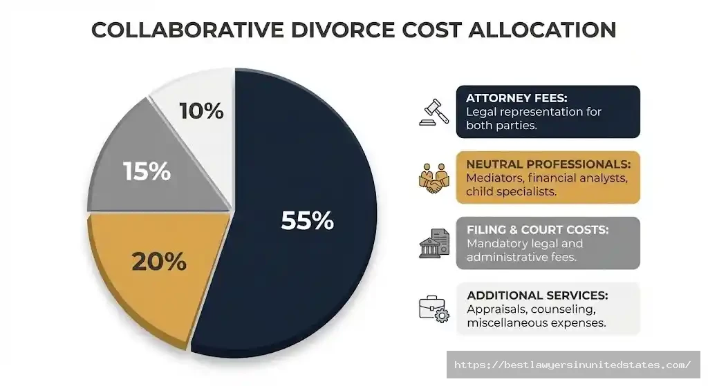 Pie chart of collaborative divorce cost breakdown with attorney fees, neutral professionals, court costs, and additional services
