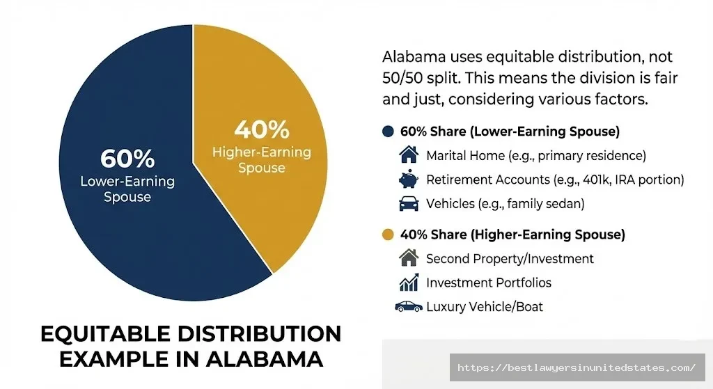 Pie chart showing Alabama equitable distribution example with 60-40 split of marital assets based on contributions, earning capacity