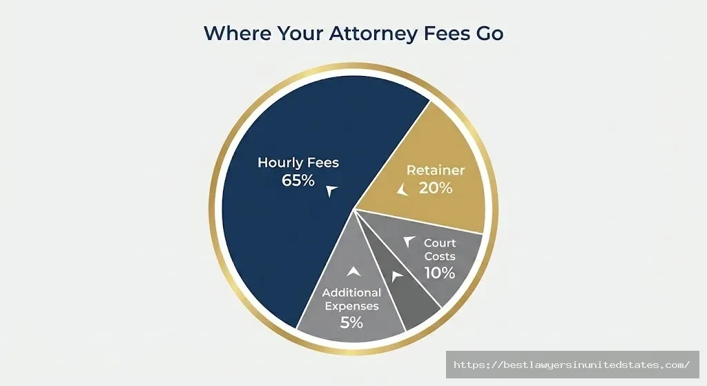 Pie chart showing breakdown of Mississippi divorce attorney fees including hourly rates, retainer, court costs and additional expenses