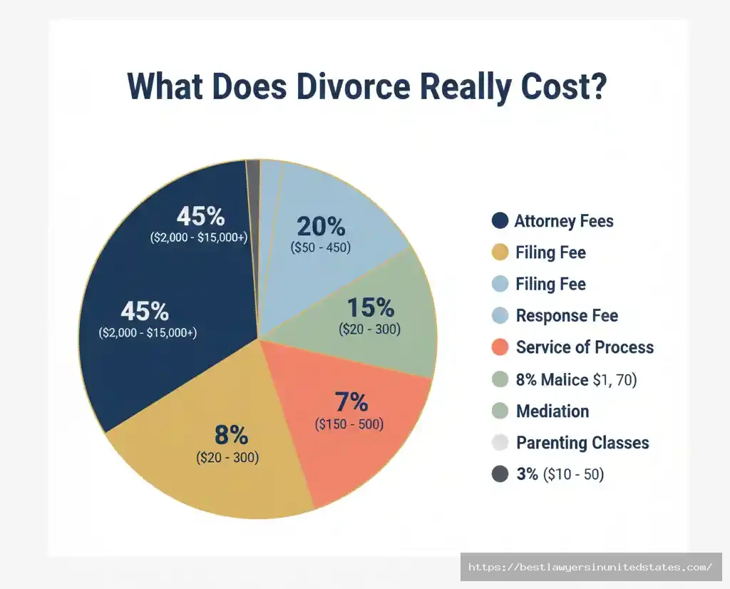 Pie chart showing divorce cost breakdown with filing fees 20%, attorney fees 45%, and other court costs making up total expense