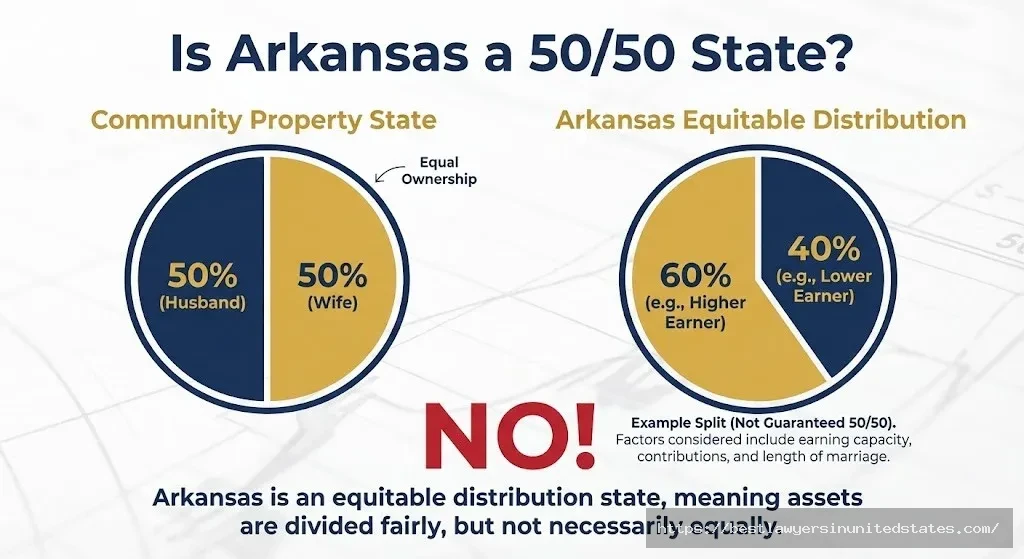 Pie charts comparing 5050 community property division versus Arkansas equitable distribution showing typical 6040 splits
