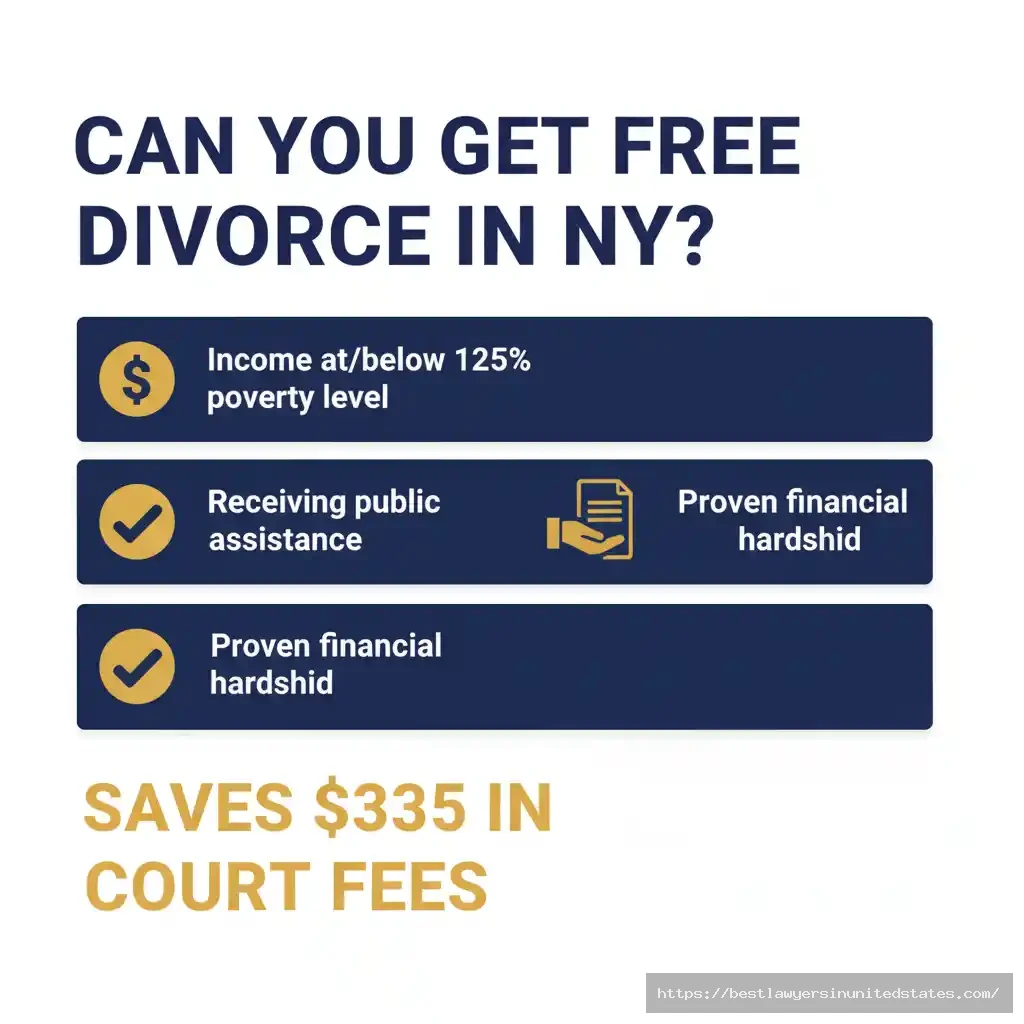 Poor Person Order eligibility checklist showing three ways to qualify for free divorce filing in New York and save $335 in court fees