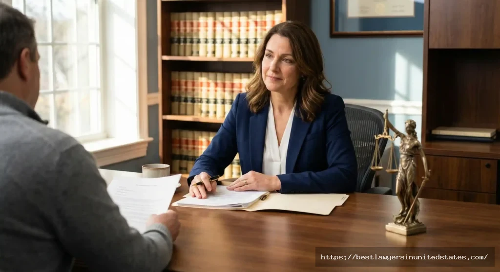 Professional divorce attorney consulting with client in modern law office about legal fees and costs
