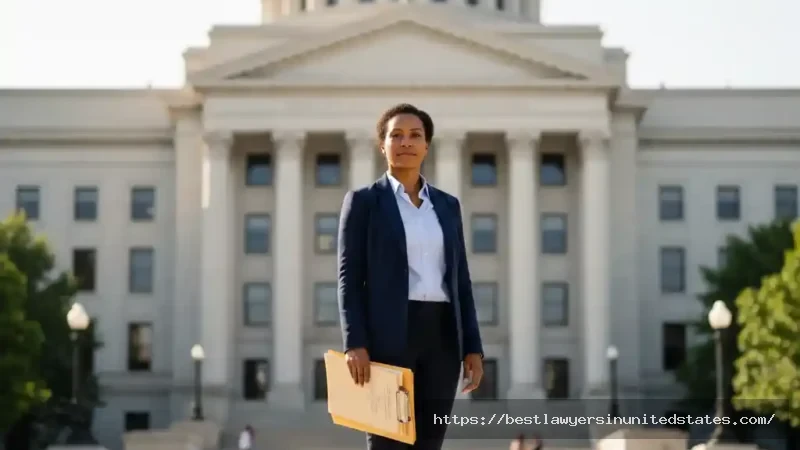 Professional woman holding divorce documents standing confidently at courthouse steps preparing to file petition