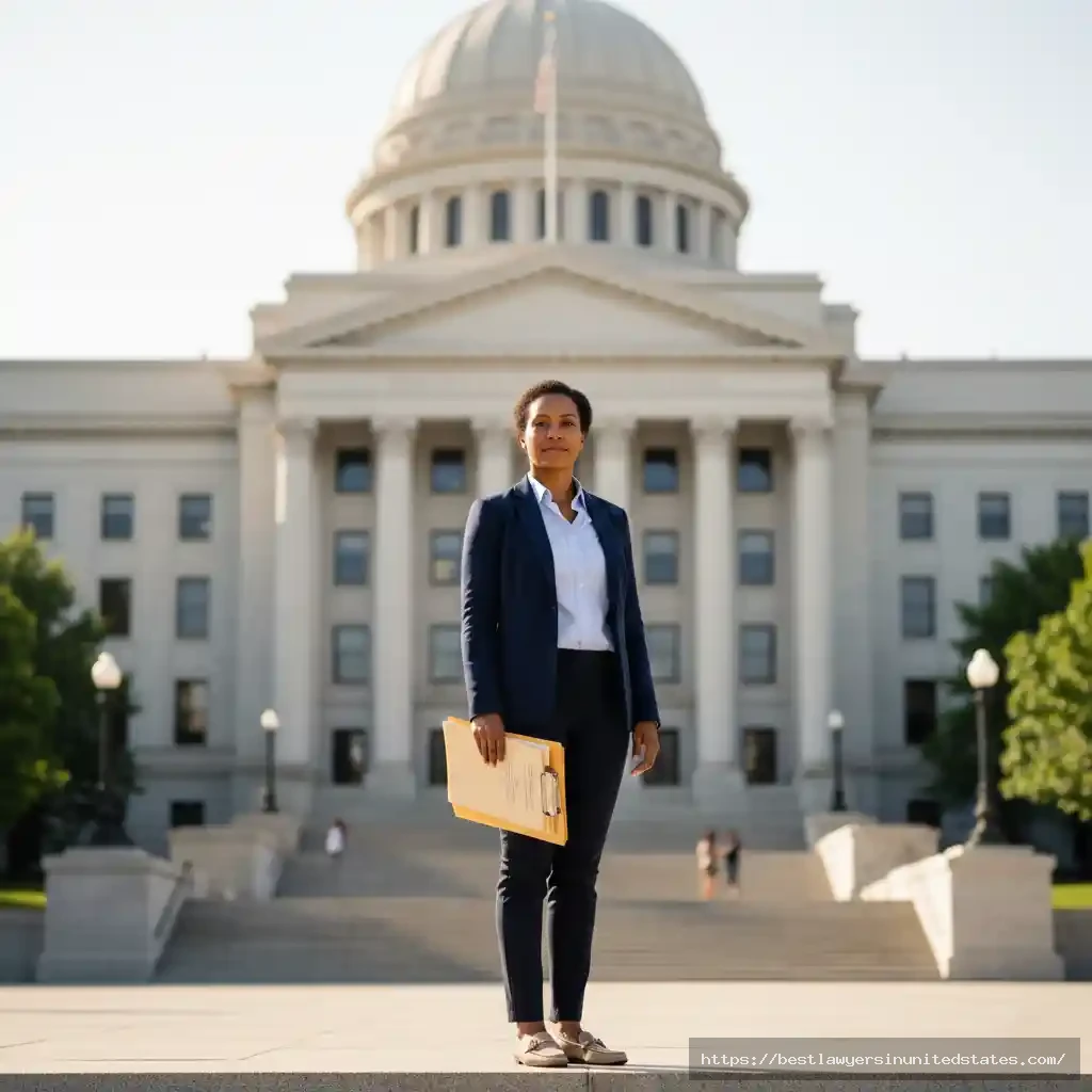 Professional woman holding divorce documents standing confidently at courthouse steps preparing to file petition