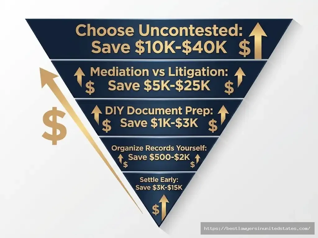 Pyramid chart showing Arizona divorce cost-saving strategies ranked by potential savings from choosing uncontested to settling early