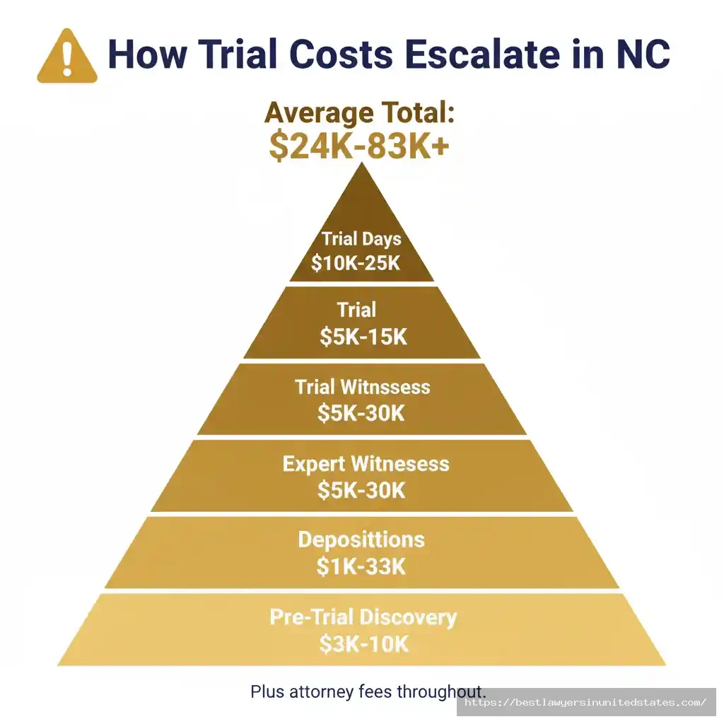Pyramid diagram showing escalating North Carolina divorce trial costs from $3,000 pre-trial discovery to $10,000-$25,000 trial days totaling $24,000-$83,000 average