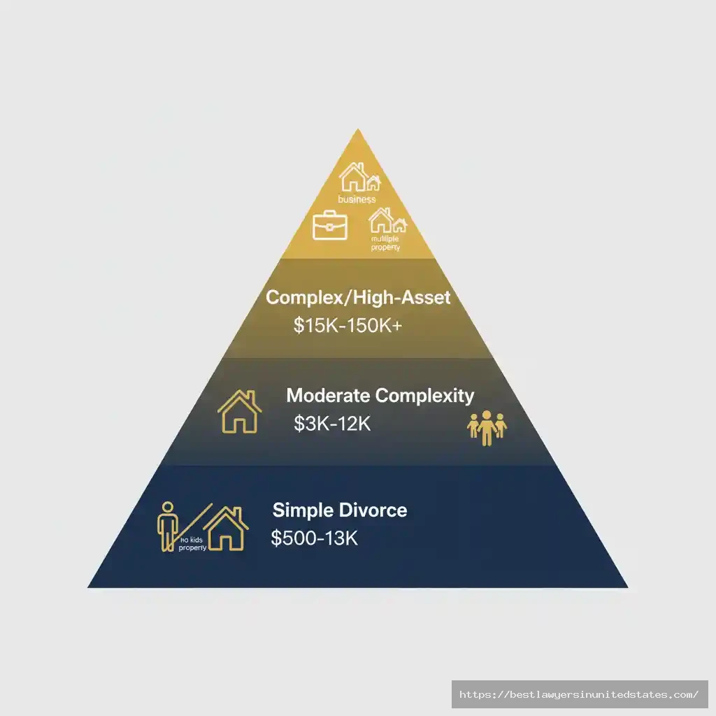 Pyramid diagram showing three divorce complexity tiers from simple $500-3K to complex $15K-150K+