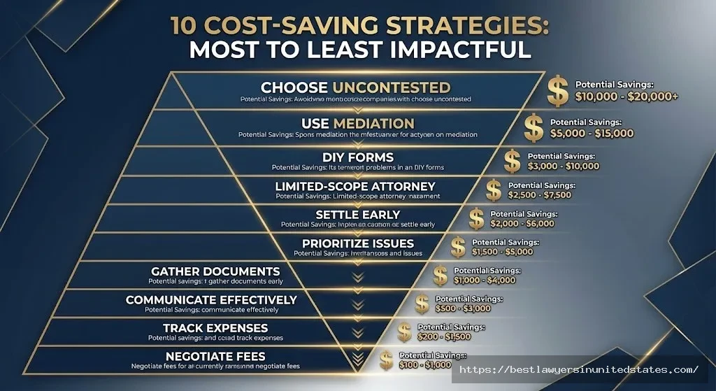Pyramid diagram showing top 10 strategies to reduce Iowa divorce costs ranked by savings potential