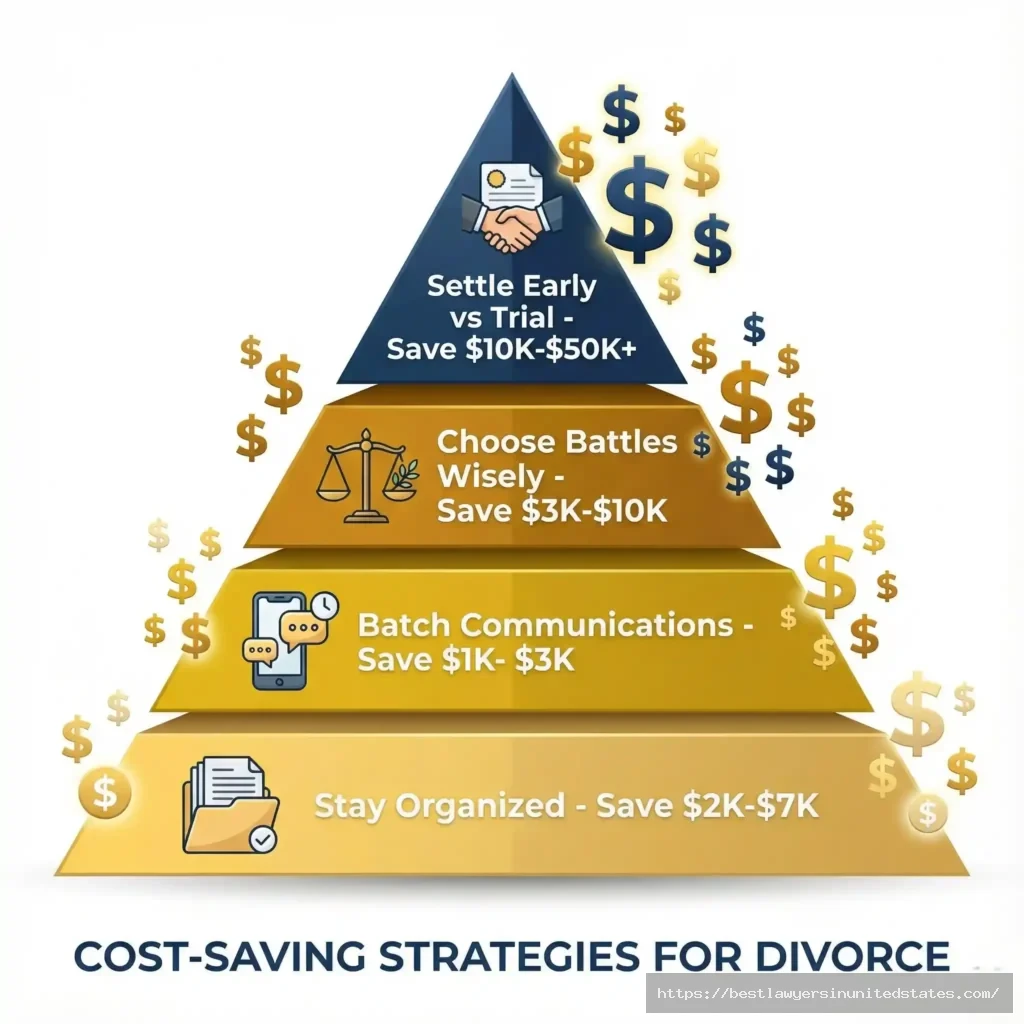 Pyramid showing divorce cost reduction strategies from organization to early settlement with potential savings amounts