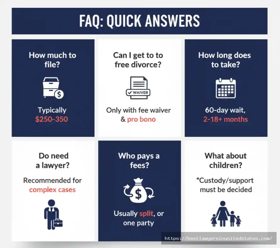 Quick answer grid showing six most common Texas divorce cost questions with visual icons and brief responses