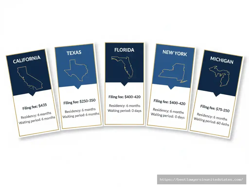 Quick reference cards showing DIY divorce filing fees, residency requirements, and waiting periods for California, Texas, Florida, New York, and Michigan