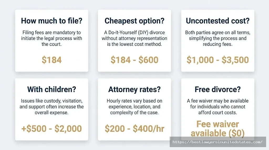 Quick reference grid answering top 6 Wisconsin divorce cost questions including filing fees, attorney rates, and cost-saving options