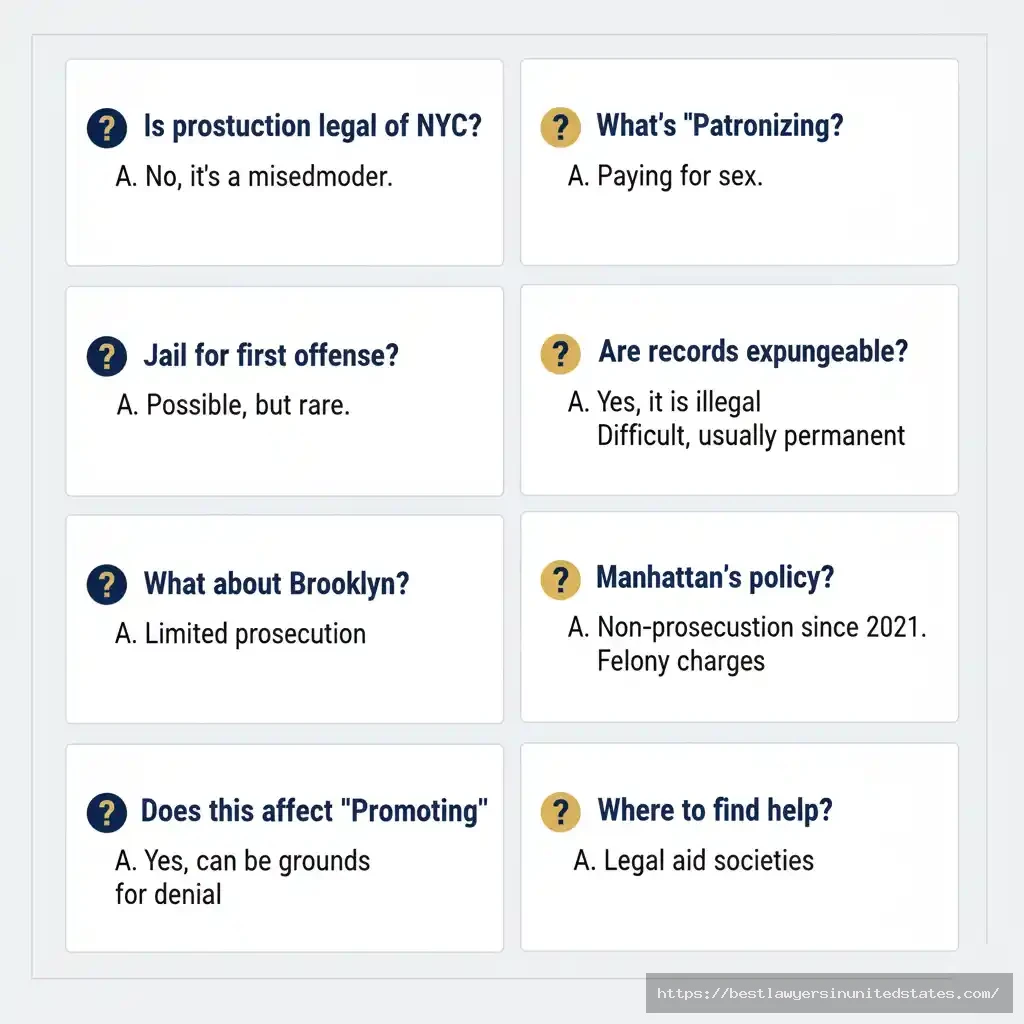 Quick reference grid showing top 10 frequently asked questions about New York prostitution laws