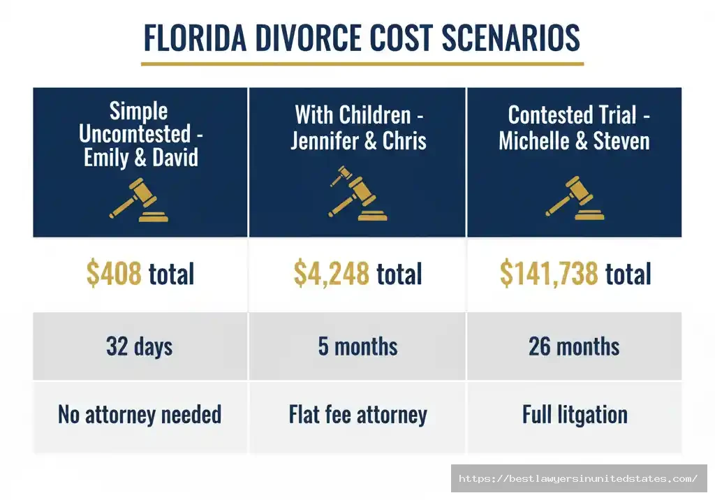 Real Florida divorce cost examples comparing simple uncontested to contested trial with timelines