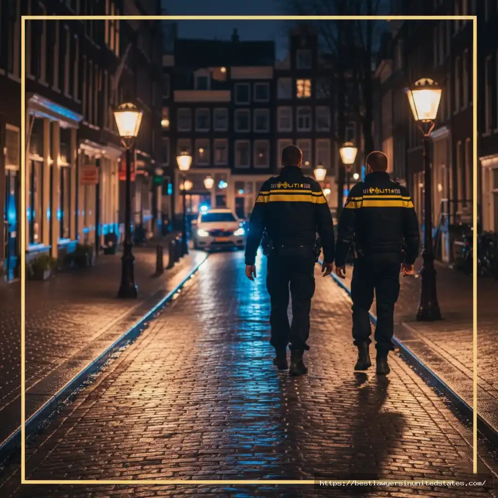 Realistic image of Dutch police patrolling Amsterdam’s Red Light District at night