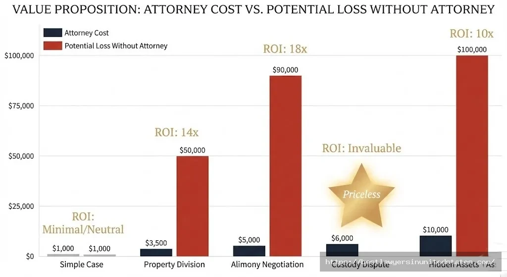 Return on investment comparison showing divorce attorney costs versus potential financial losses without legal representation in South Carolina