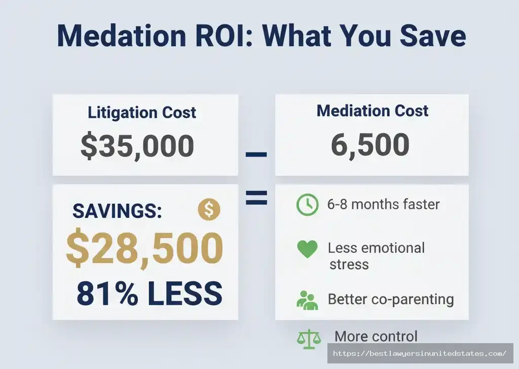 Return on investment graphic showing mediation saves $28,500 compared to litigation with 81% cost reduction and faster timeline