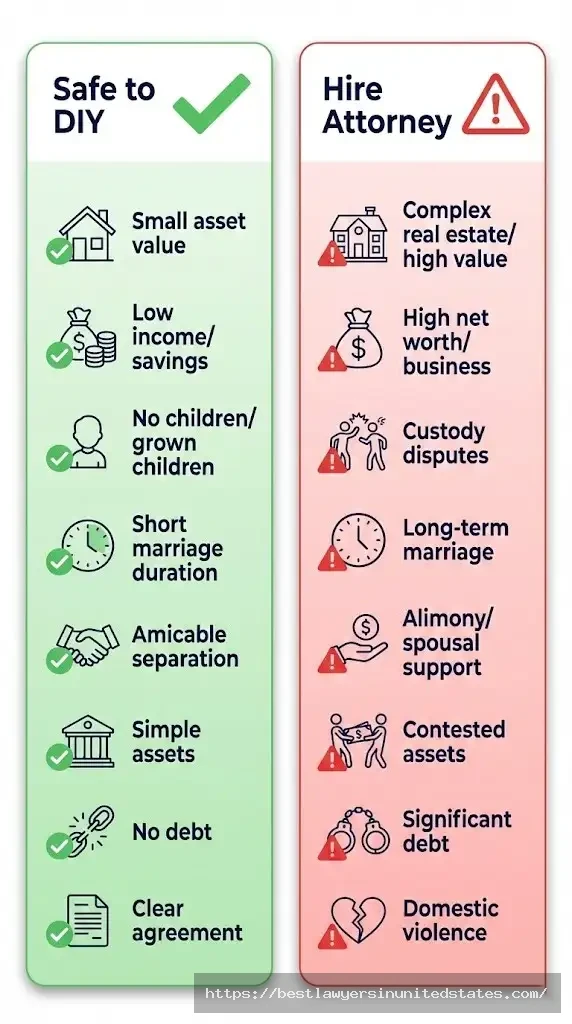 Safety checklist showing when DIY divorce is safe versus when to hire an attorney in Massachusetts