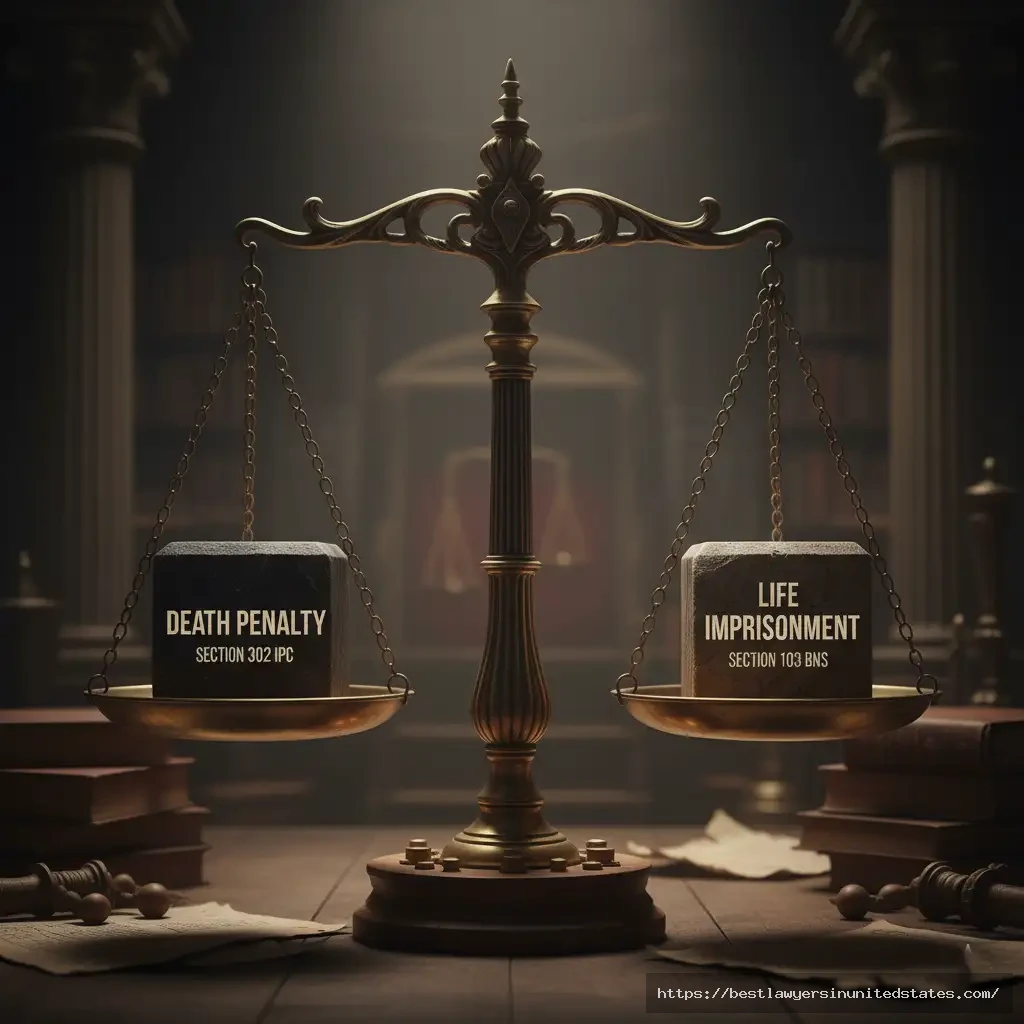 Scales of justice showing balance between death penalty and life imprisonment under 302 IPC and 103 BNS