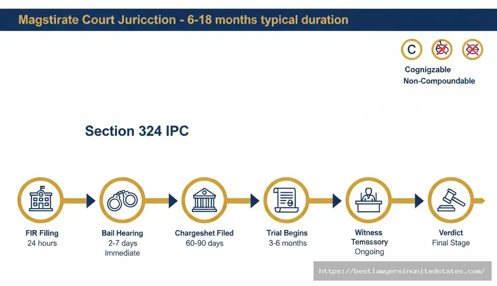 Section 324 IPC case timeline from FIR to verdict showing Magistrate Court jurisdiction and typical 6-18 month trial duration