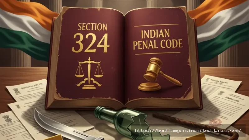 Section 324 IPC legal concept showing dangerous weapons as evidence with Indian law books and justice scales in courtroom setting
