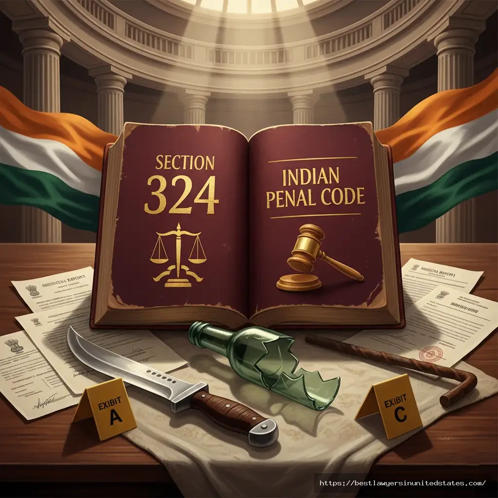 Section 324 IPC legal concept showing dangerous weapons as evidence with Indian law books and justice scales in courtroom setting