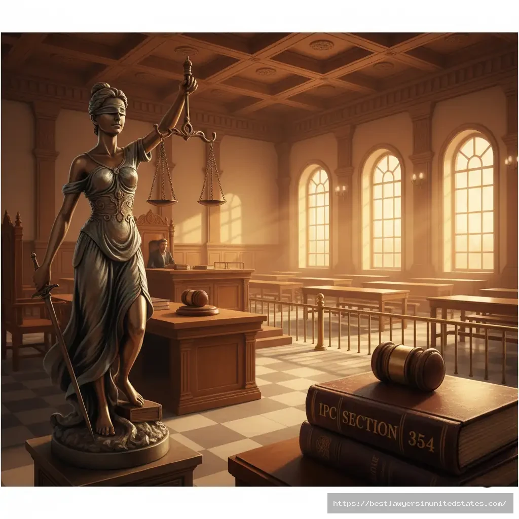 Section 354 IPC legal guide - Indian Penal Code courtroom illustration with law books and justice symbol