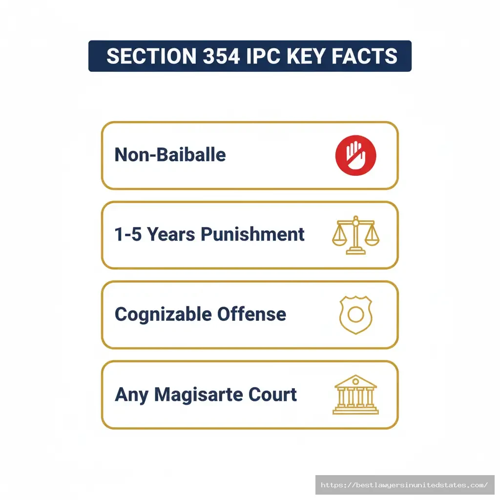 Section 354 IPC quick facts infographic - bailable status, punishment, court jurisdiction summary