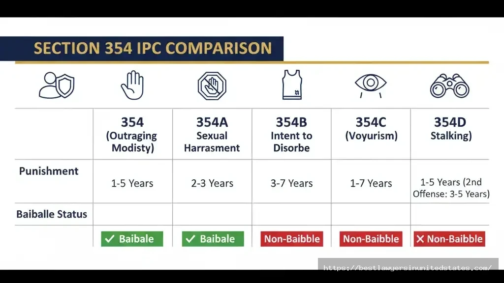 Section 354 IPC sub-sections comparison chart - 354A, 354B, 354C, 354D explained with punishment and bail status