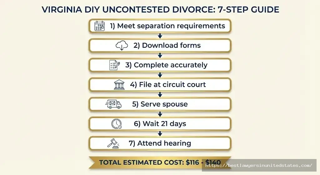 Seven-step flowchart for filing DIY uncontested divorce in Virginia with total costs of $116 to $140