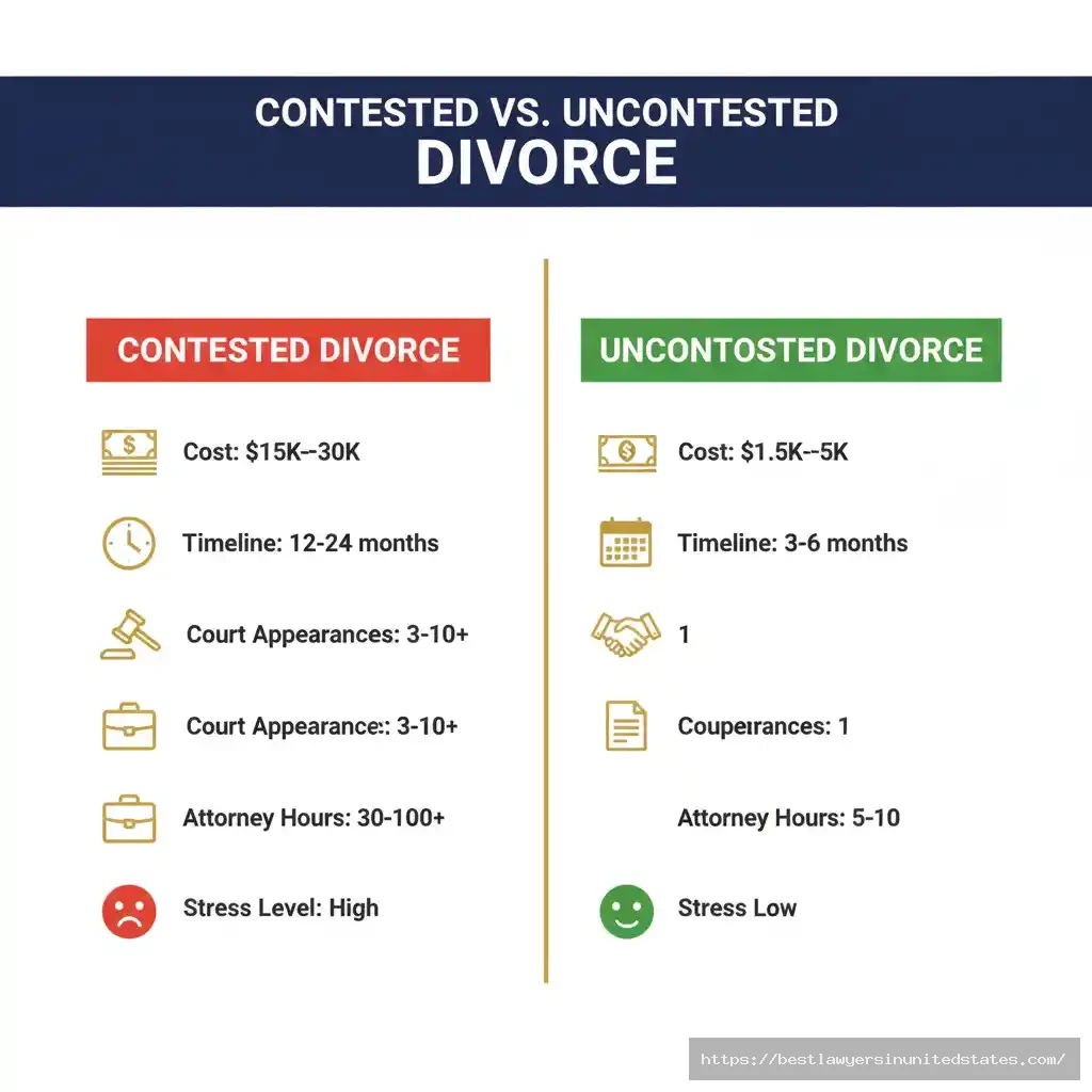 Side-by-side comparison of contested versus uncontested divorce showing cost, timeline, and complexity differences