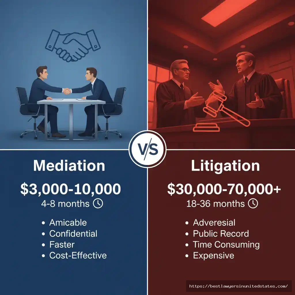 Side-by-side comparison showing California mediation costs $3,000-10,000 versus litigation costs $30,000-70,000+ with time differences