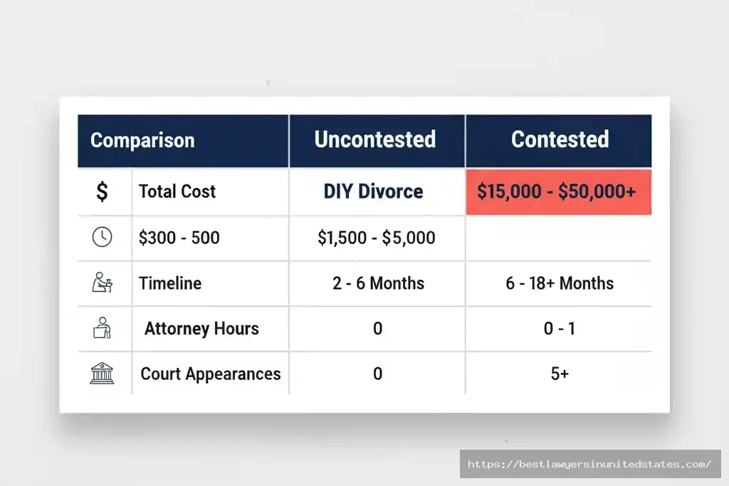 Side-by-side comparison table of Texas divorce costs for DIY, uncontested, and contested divorces including timelines and attorney hours