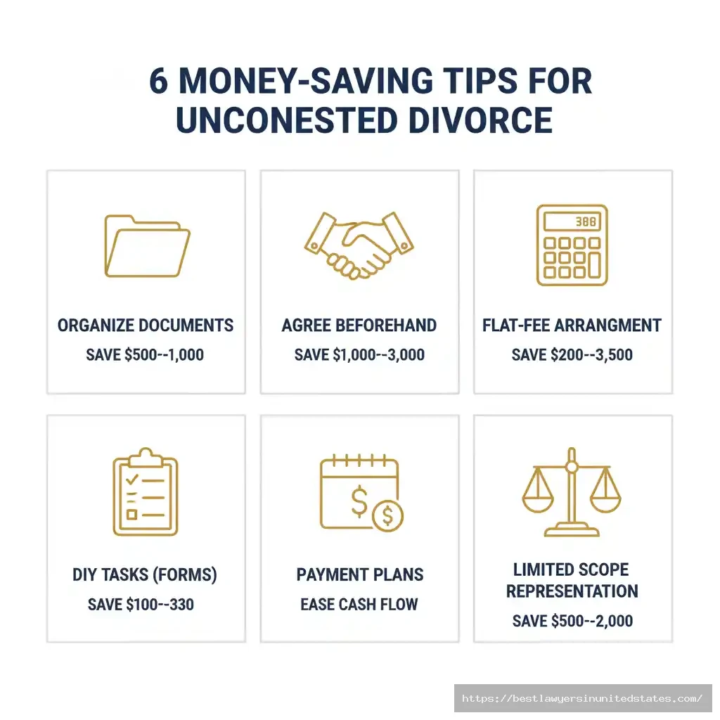 Six money-saving tips for reducing uncontested divorce costs with estimated savings of $500 to $2,000 per strategy