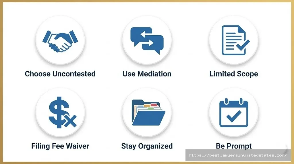 Six proven strategies to reduce Wisconsin divorce costs including choosing uncontested divorce, using mediation, and staying organized