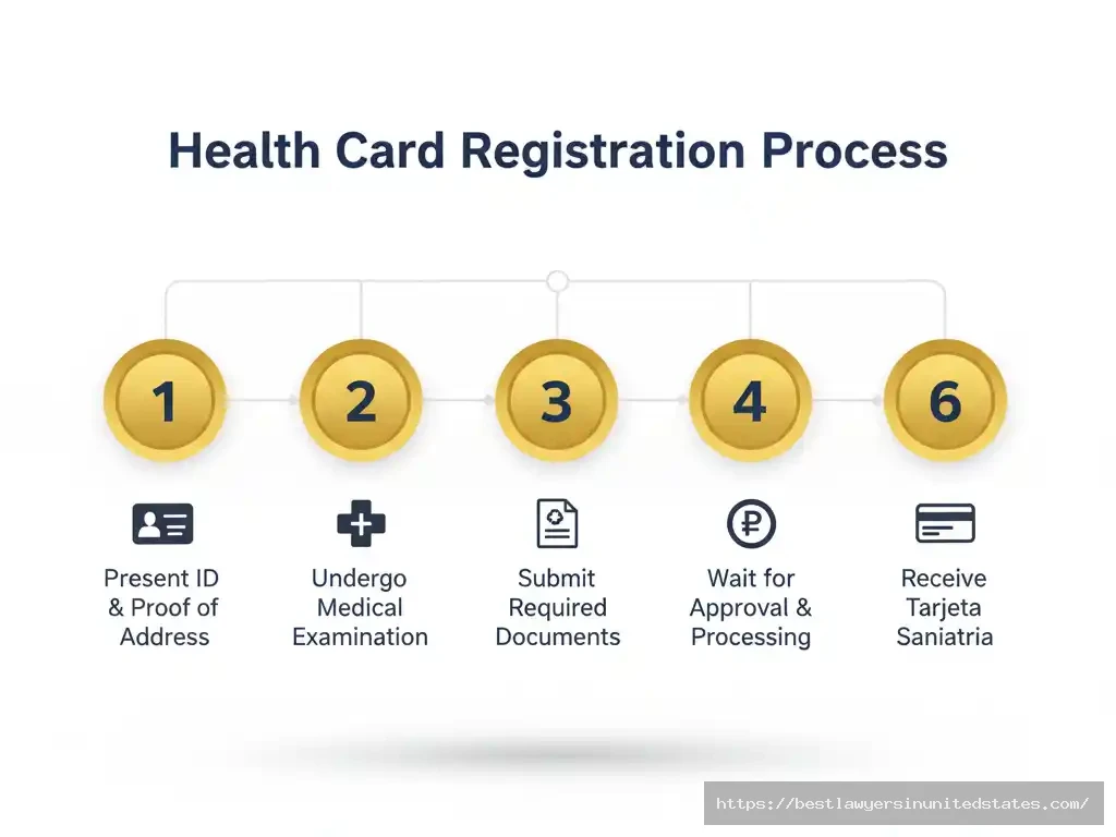 Six-step infographic showing health card registration process for sex workers in regulated Mexican zones