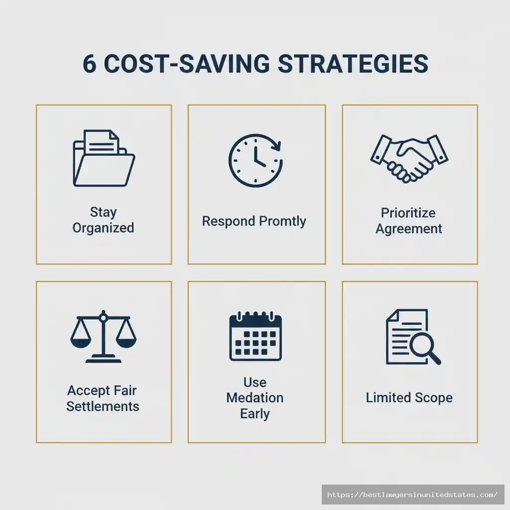 Six-tile infographic showing proven strategies to reduce divorce attorney fees and total costs